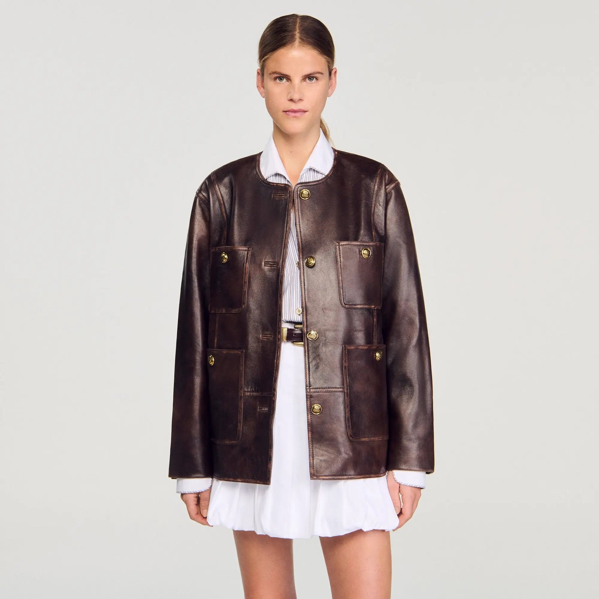 Blouson long en cuir vieilli - CALVERO