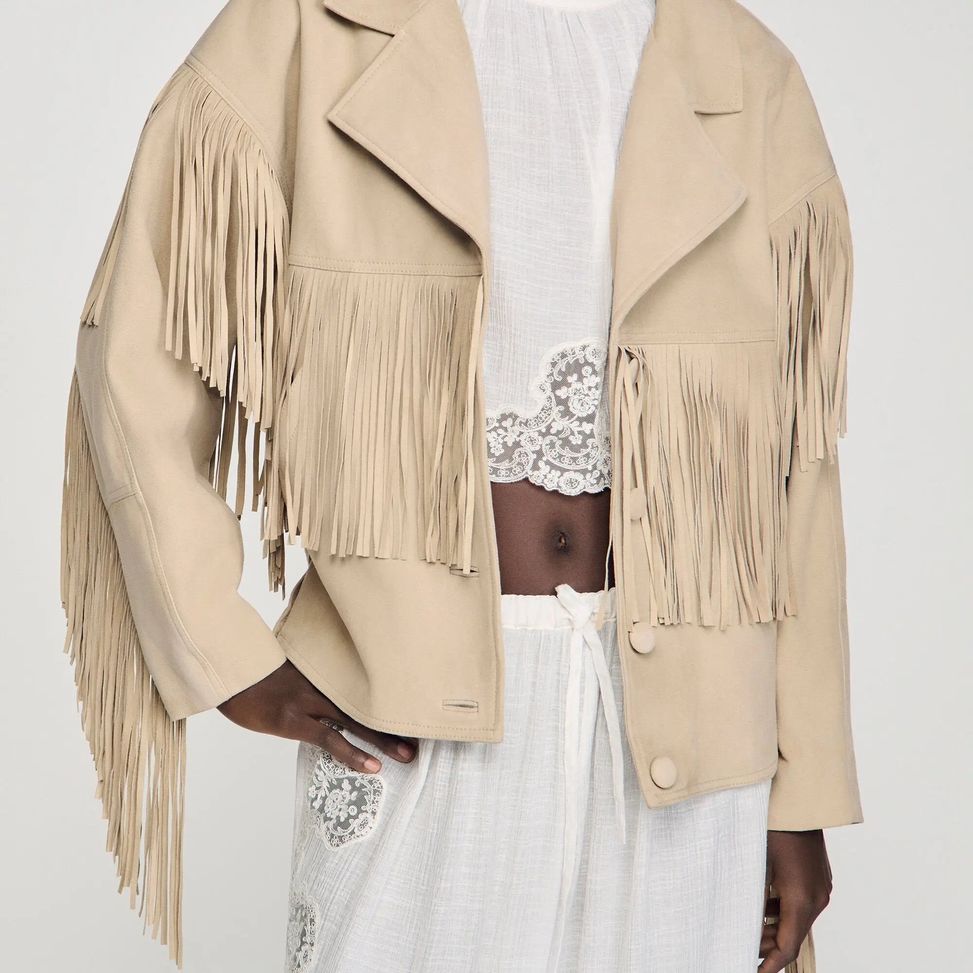 Blouson cuir suède à franges - CALVERO