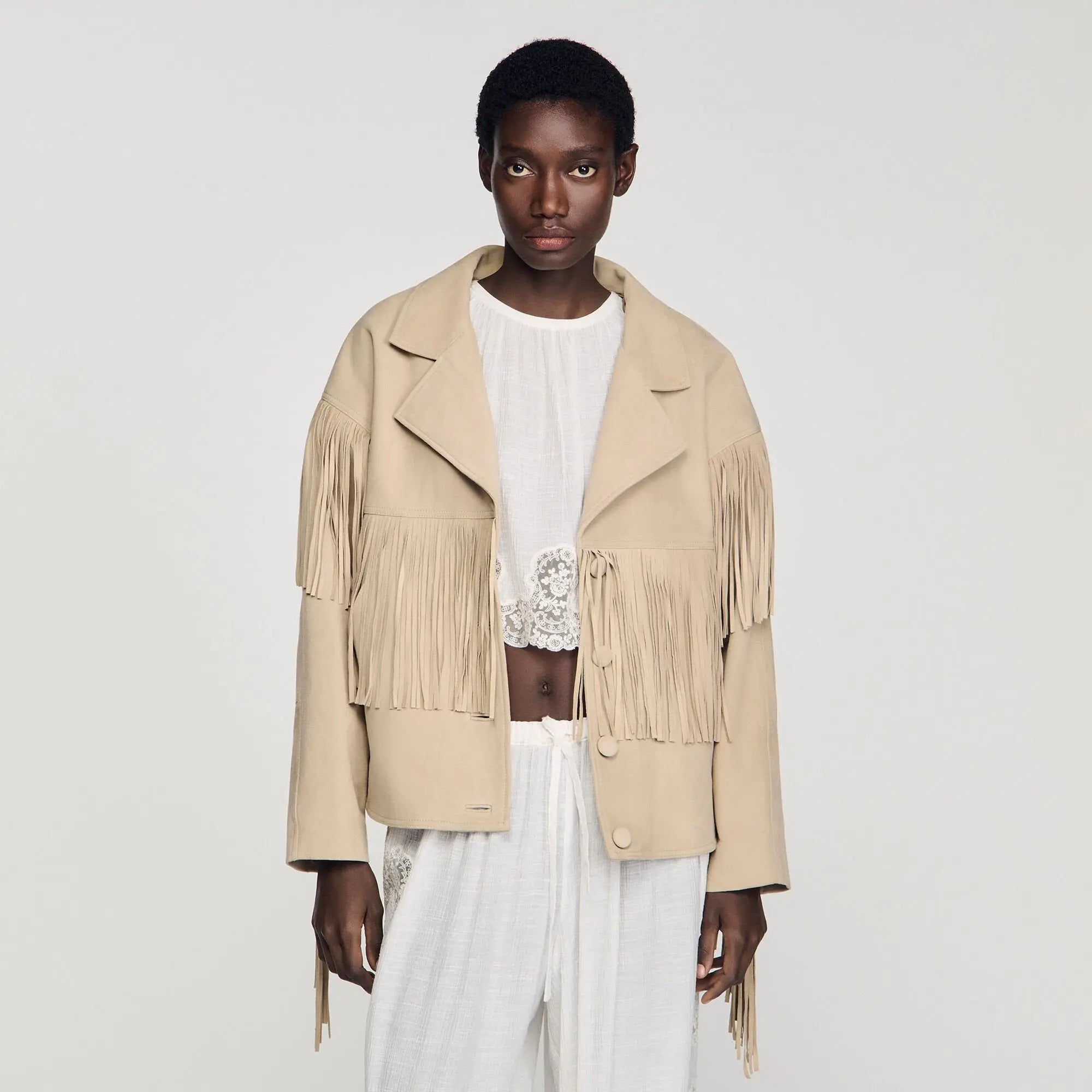 Blouson cuir suède à franges - CALVERO