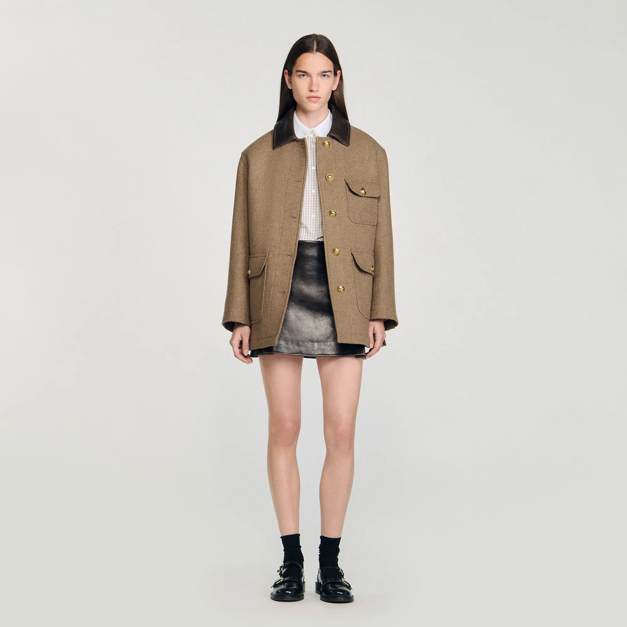 Manteau en tweed à col en cuir - CALVERO