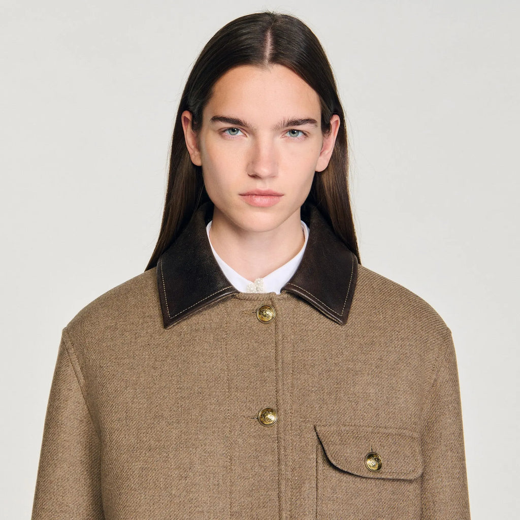 Manteau en tweed à col en cuir - CALVERO