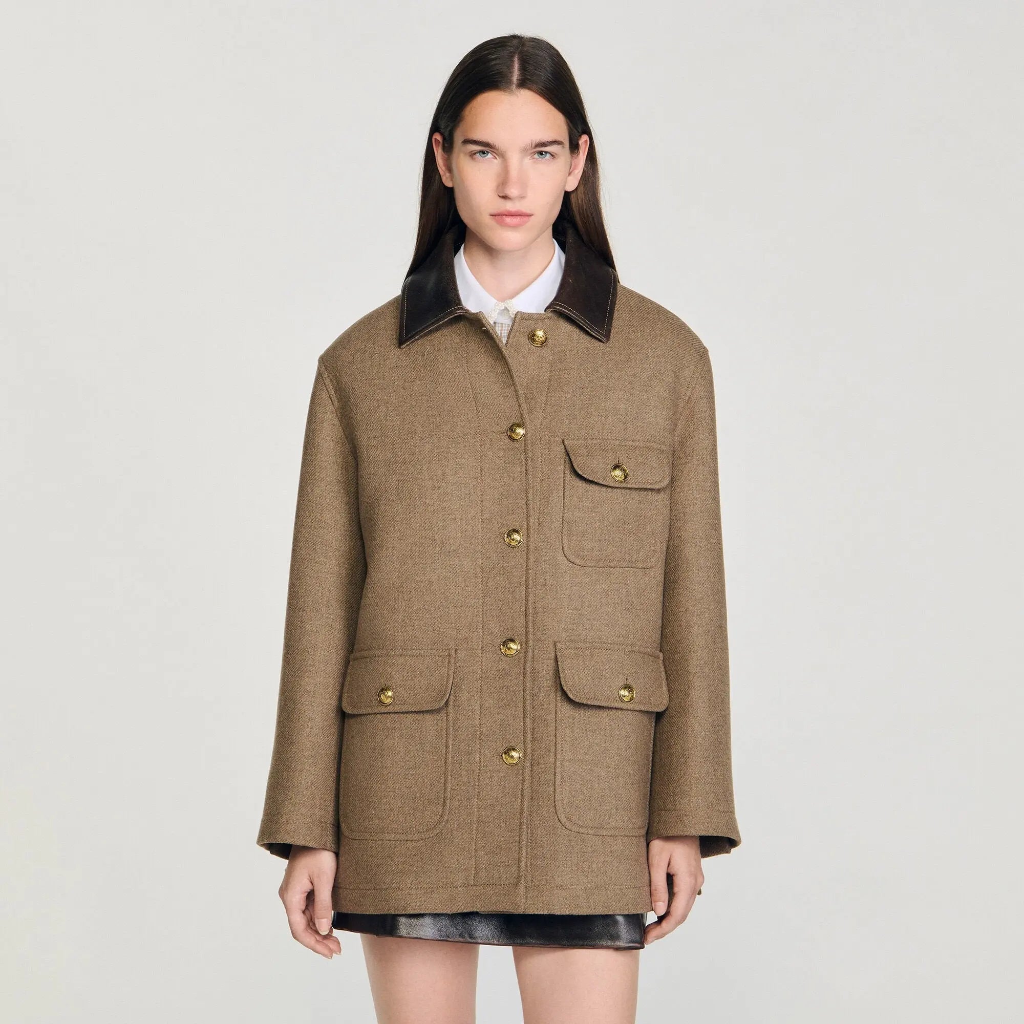 Manteau en tweed à col en cuir - CALVERO