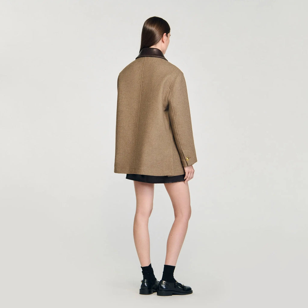 Manteau en tweed à col en cuir - CALVERO
