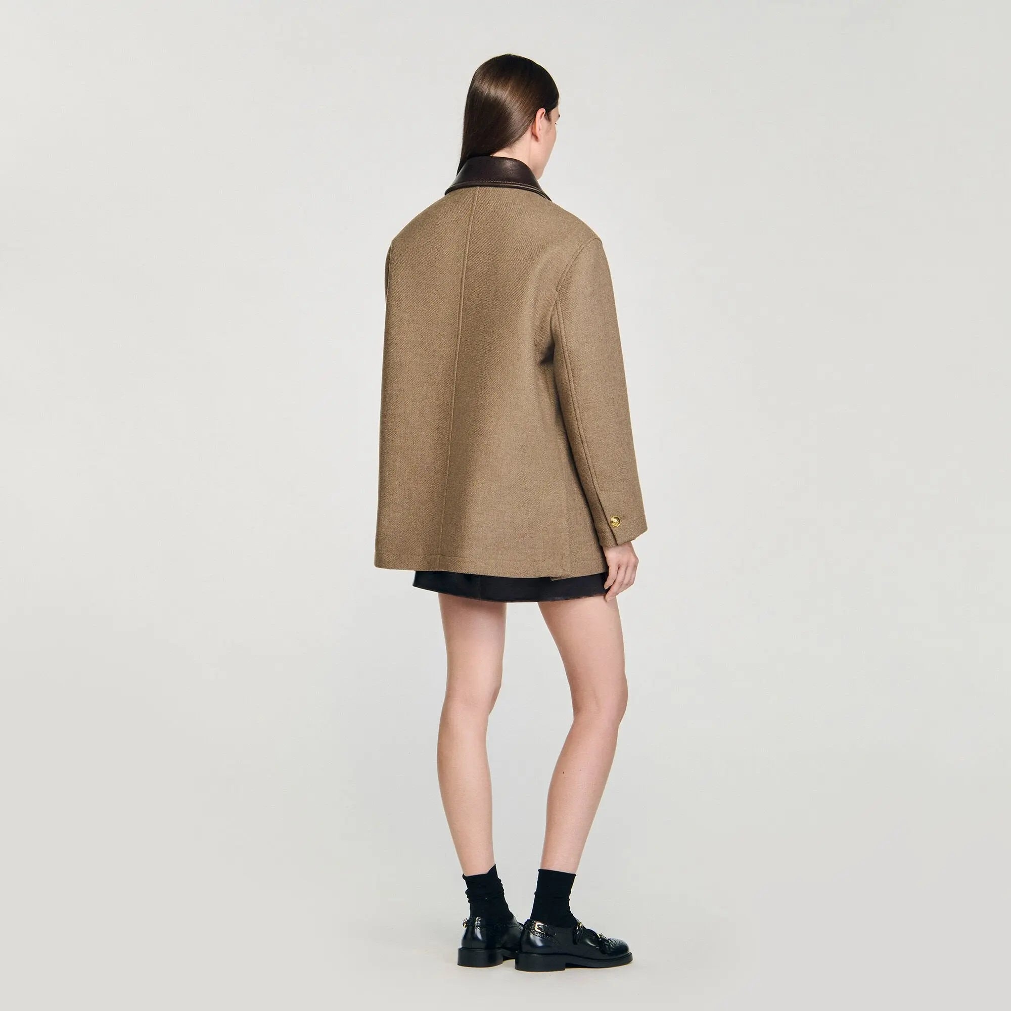 Manteau en tweed à col en cuir - CALVERO