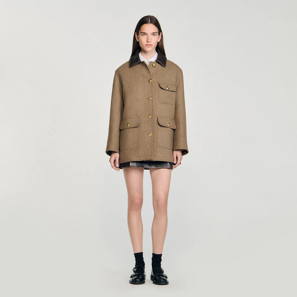 Manteau en tweed à col en cuir - CALVERO