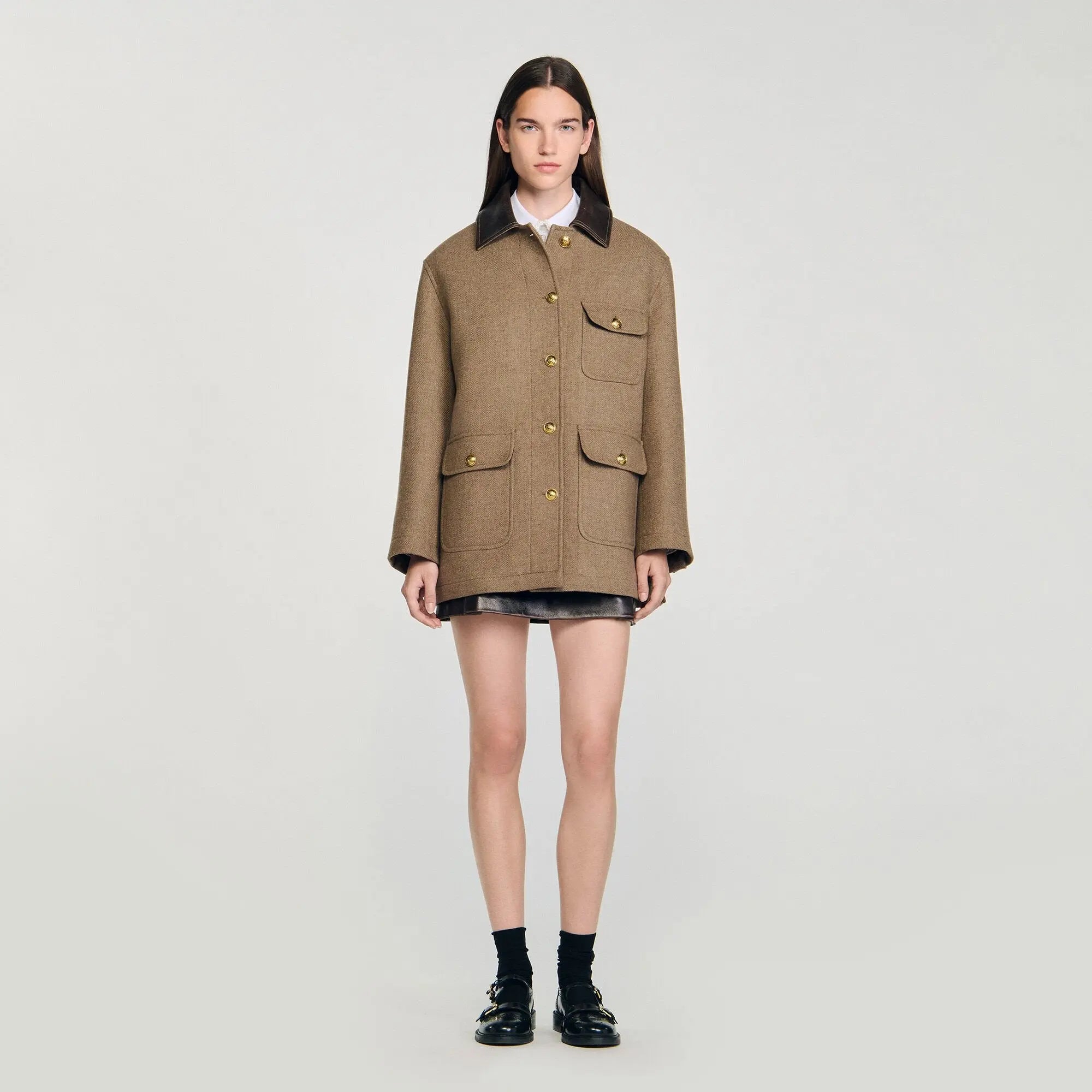Manteau en tweed à col en cuir - CALVERO