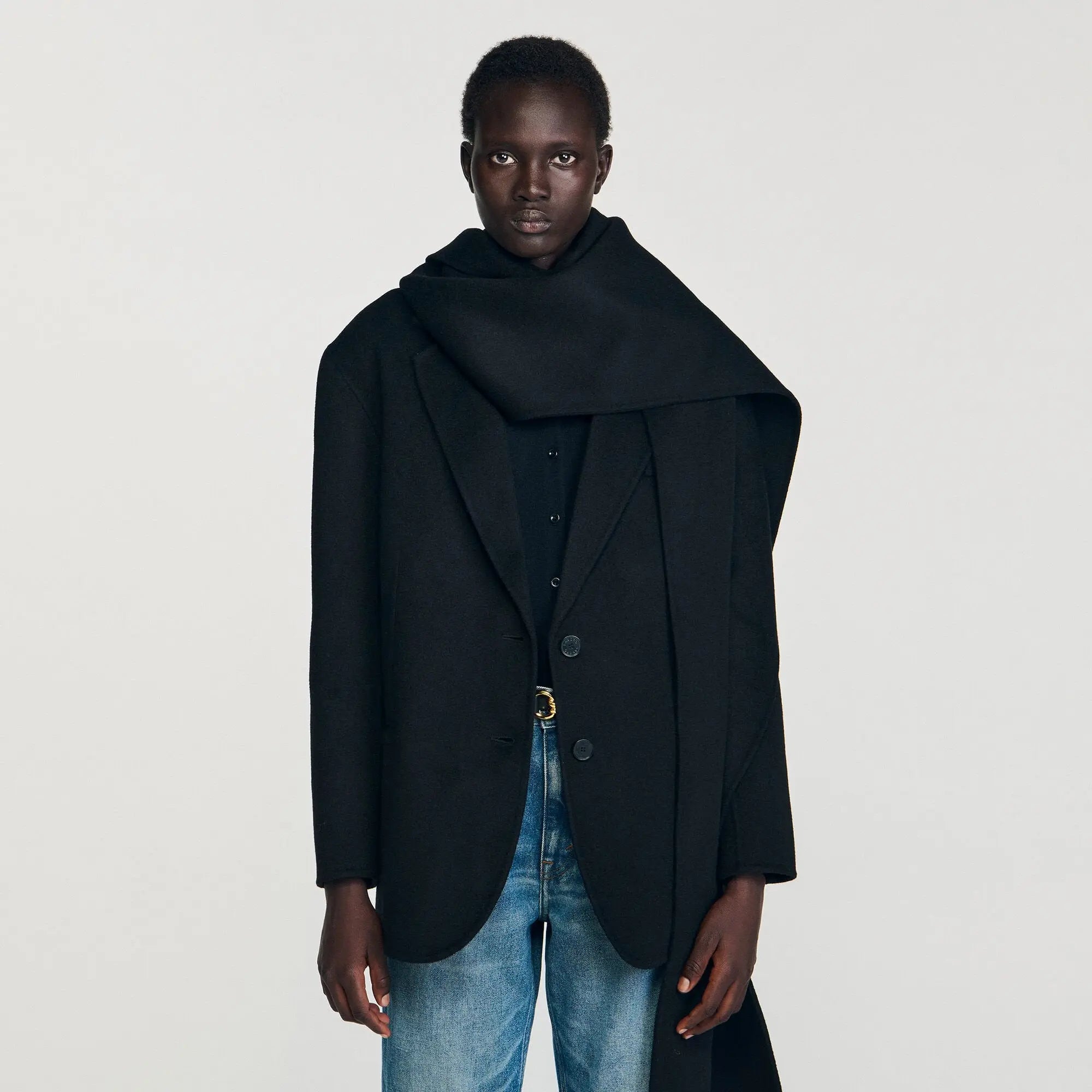 Manteau en laine à écharpe intégréem - CALVERO